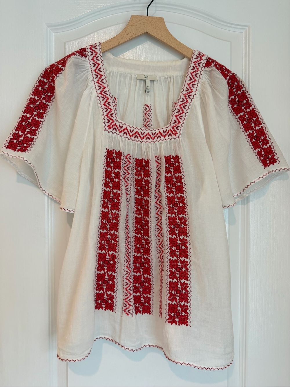 Joie White Peasant Blouse with Red Embroidery